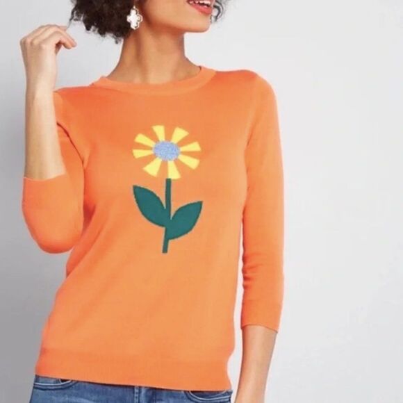 Modcloth Sweater Personal Growth Flower Quarter Sleeve Orange  Small - Picture 1 of 6